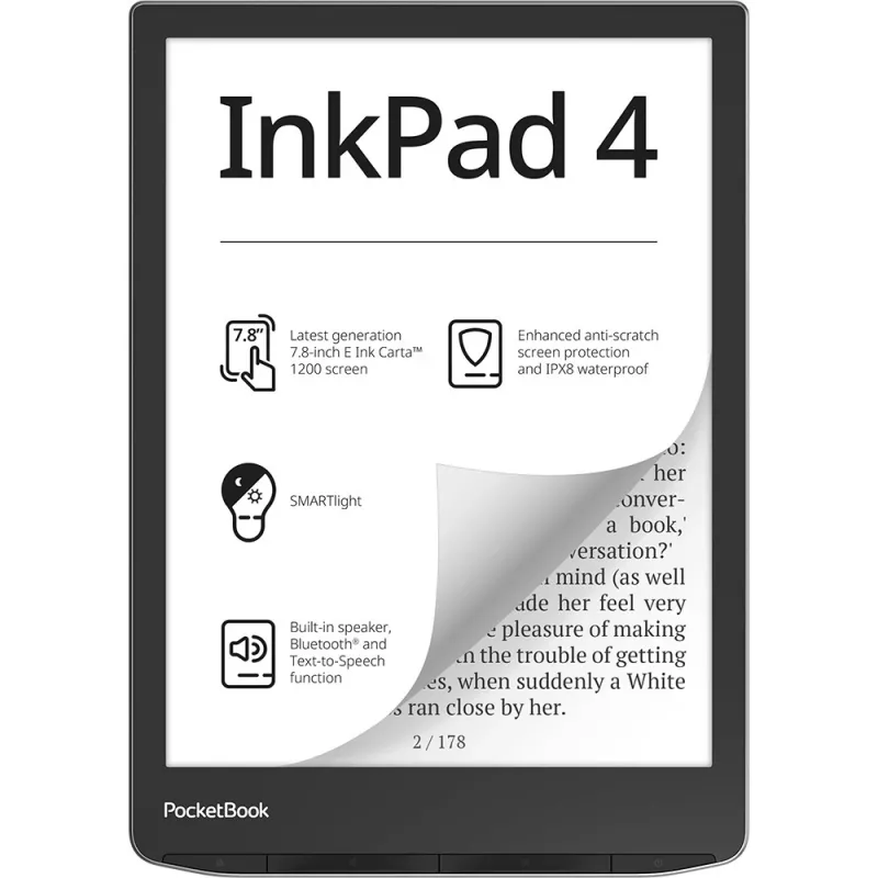 PocketBook InkPad 4 - 19,8 cm (7.8) - E Ink Carta - 1404 x 1872 píxeis - ACSM - AZW - AZW3 - CBR - CBZ - CHM - DOC - DOCX - DjVu - EPUB - EPUB DRM - FB2 - FB2.ZIP - HTM - HTML - MOB