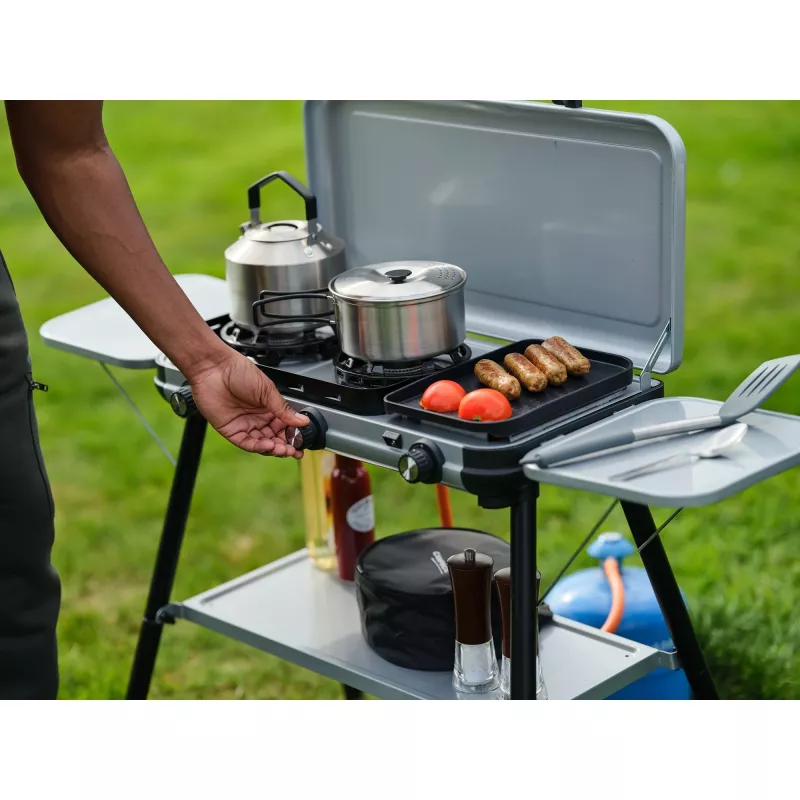 Camping Kitchen 2 Multi Cook Plus, fogão a gás cinzento, 2 zonas de cozedura 2x 1,8 kW + placa de grelhar 0,9 kW, modelo 2025