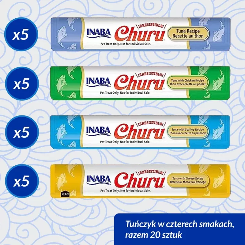 Snacks húmidos para gatos INABA Churu caixa sortida — atum, 20 x 14 g saquetas, pasta, humidade 88 %, proteína 8,5 %
