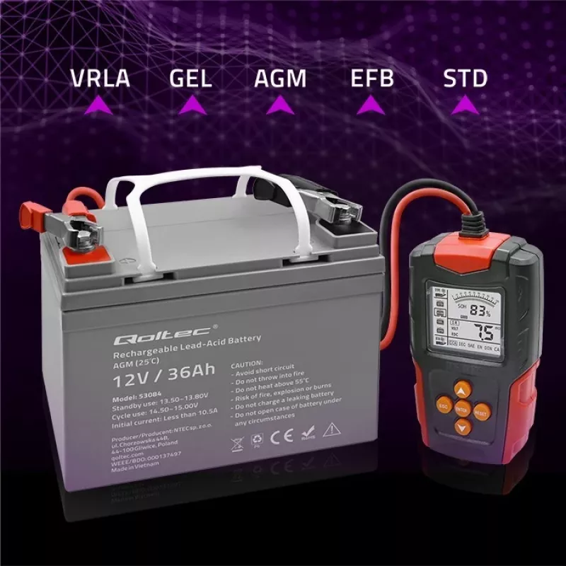 Qoltec 52484 Testador de bateria digital LCD | 12V | 24V | 3Ah-200Ah