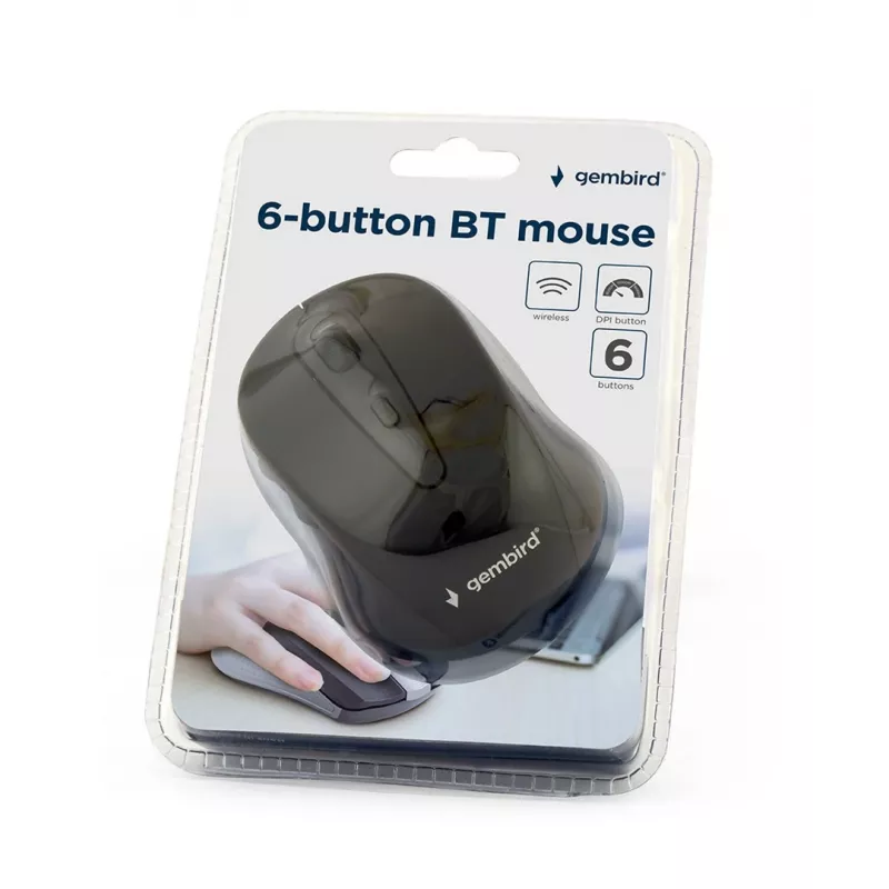 Rato ótico sem fios Bluetooth GEMBIRD MUSWB2 — para destros, 1600 DPI, 6 botões, preto/cinzento, pilhas AAA