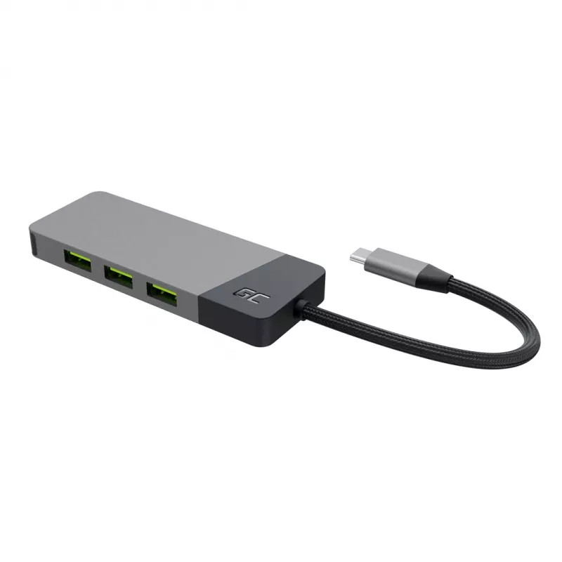 Hub USB Type-C Green Cell HUBGC01 — 7 portas: 3×USB‑A 3.2 Gen 1, 1×USB‑C 3.2 Gen 1, HDMI, leitor de cartões microSD+SD — Prateado