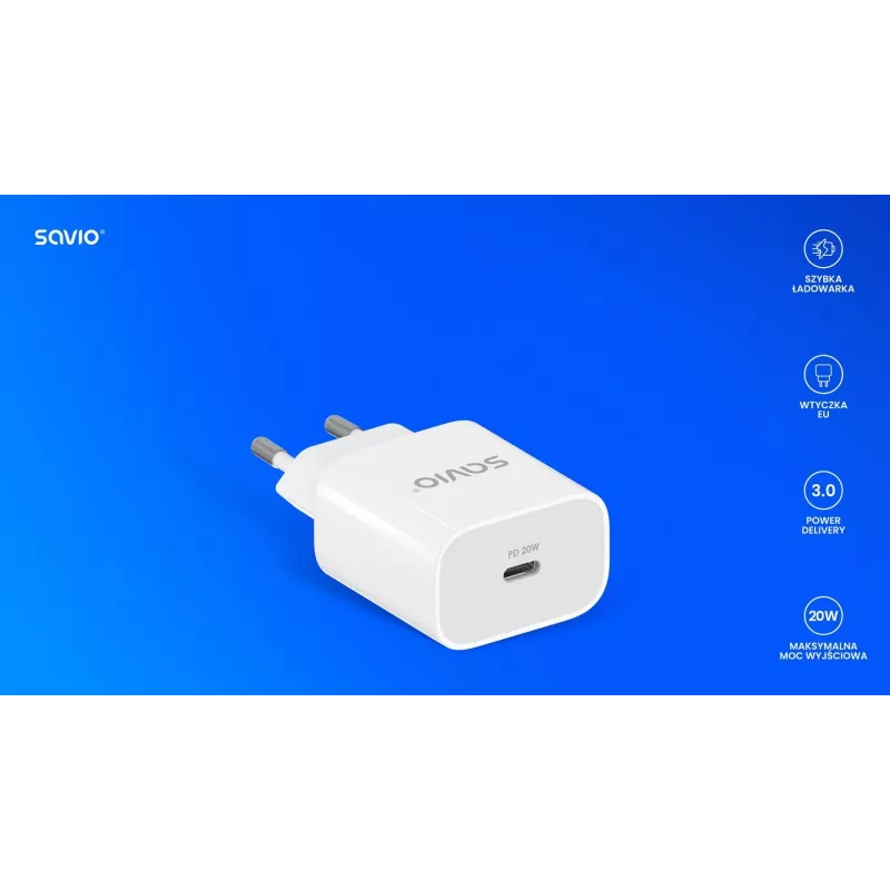 Carregador de parede 20W LA-09 USB-C QC, PD 3.0 Savio SAVLA-09