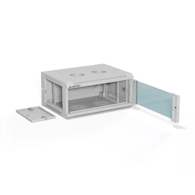 Armário de rede 19 polegadas 4U para montagem na parede Alantec 600 x 450 mm com porta única de vidro, painéis traseiro e laterais completos removíveis
