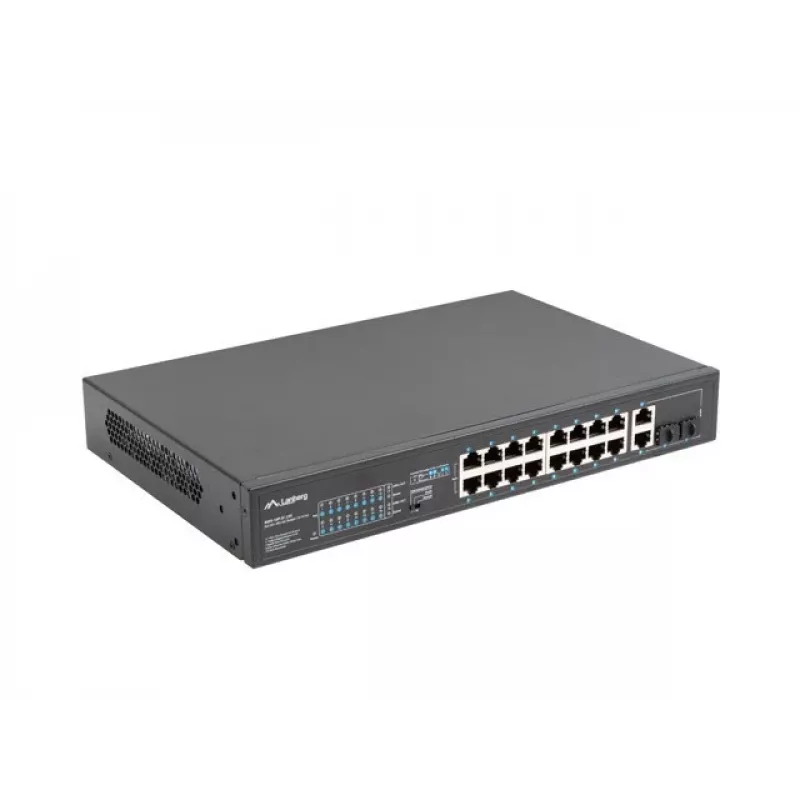 Lanberg RSFE-16P-2C-250 switch PoE+ não gerido, 16x 10/100 PoE+, 2x combo Gigabit, 250 W, rack 1U