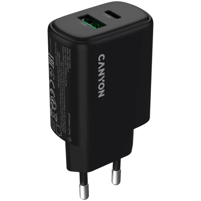 Carregador CANYON OnCharge 250 25W 1xPD 1xQC EU Preto