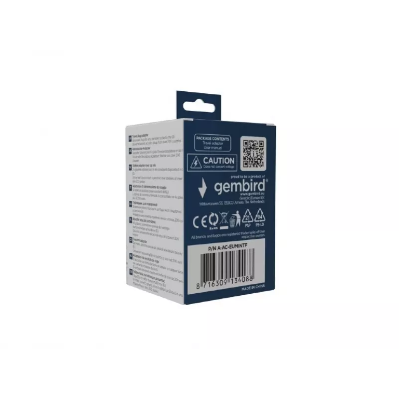 Adaptador de tomada de viagem GEMBIRD A-AC-EUMINTF — universal para UE, 15A