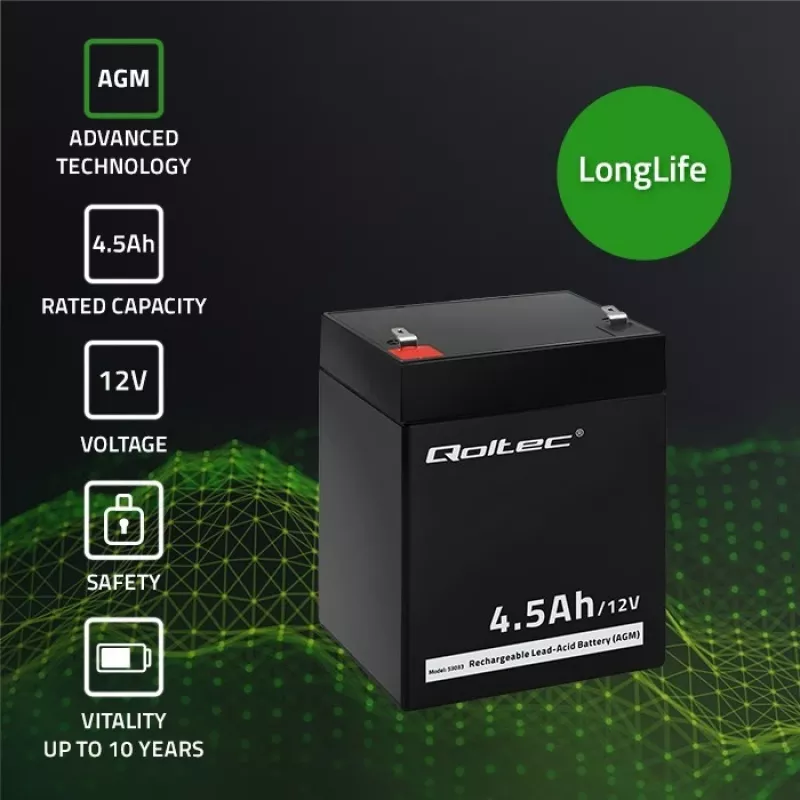 Qoltec 53033 bateria AGM 12 V 4,5 Ah, máx. 1,35 A, sem manutenção