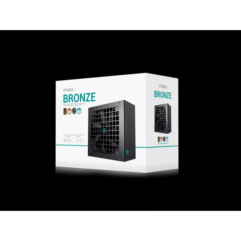 Fonte de alimentação ATX DeepCool PF600X 600W 80 PLUS Bronze, 600 W, ventoinha de 12 cm, ATX 2.52, 24 pinos, 2×(6+2) PCIe, 8×SATA