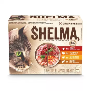 SHELMA com peru, pato, frango e vaca em molho - alimento húmido para gatos - 12x85g
