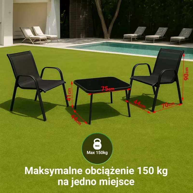 Conjunto de jardim Extralink Black Forest, têxtil duas cadeiras + mesa preta
