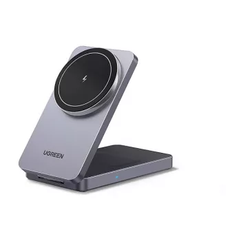 Carregador CA sem fios para interior UGREEN para auscultadores e smartphones W528, cinzento, proteção contra curto-circuito e subtensão