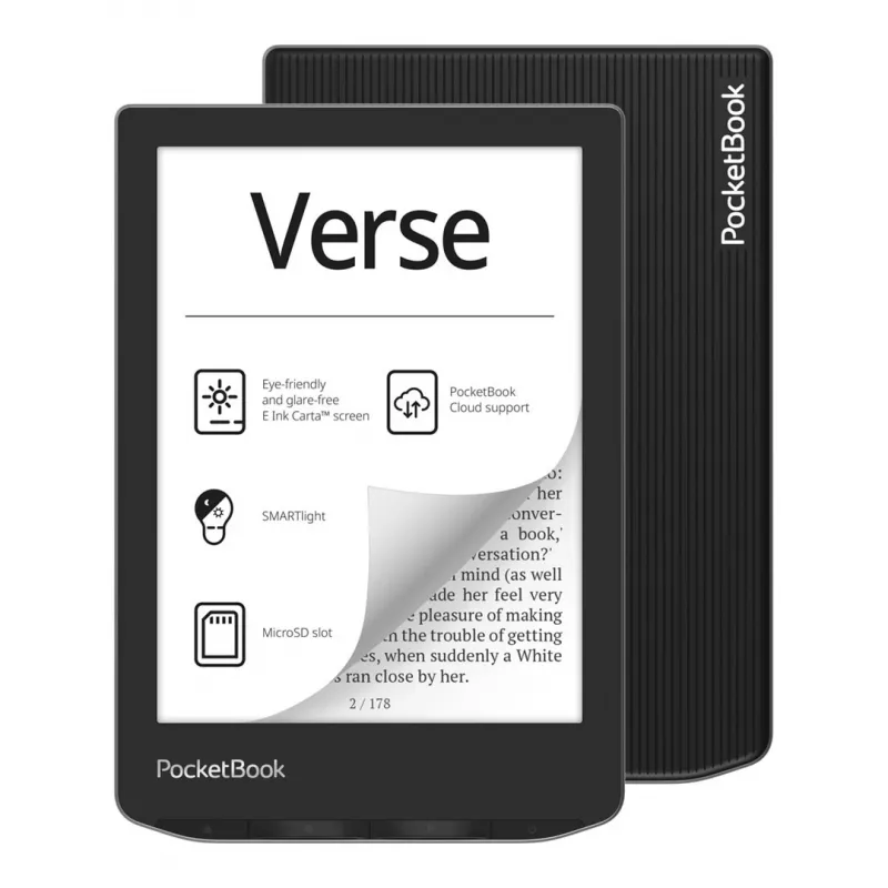 Leitor de e-books PocketBook Verse 6 polegadas E Ink Carta, 8 GB, Wi‑Fi, preto/prateado