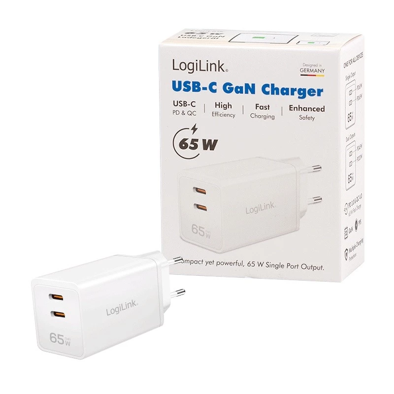 Adaptador de tomada USB duplo 65W, 2xUSB-C, branco