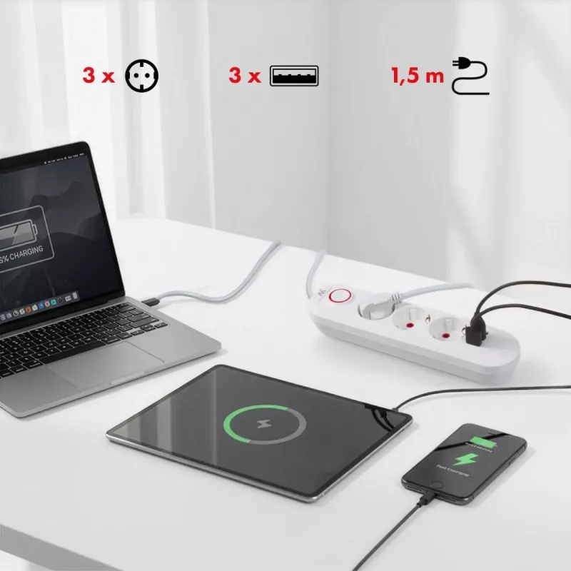 Extensão elétrica MACLEAN MCE394W — 3 tomadas, 3×USB 2,1A, 110–240V AC, 2500W, cabo de 1,5 m, branco