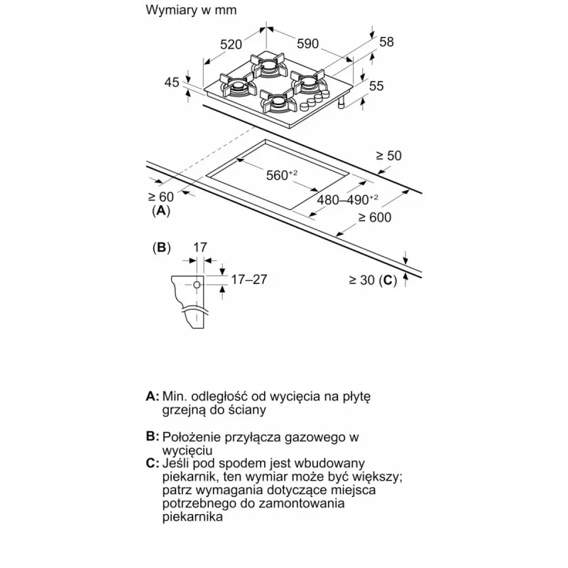 Placa de gás de encastrar Bosch Serie 2 POP6B6K30 60 cm, 4 zonas de gás, placa vitrocerâmica preta, controlo por botões rotativos