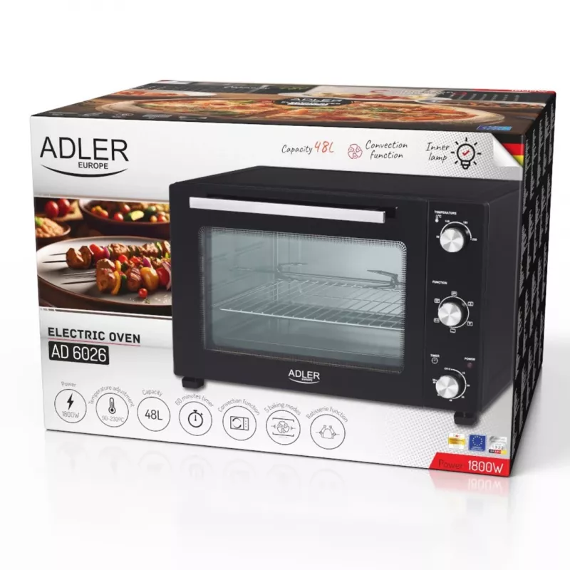 Forno de mesa compacto elétrico Adler AD 6026 – capacidade 48 l, 1800 W, de instalação livre, temporizador mecânico