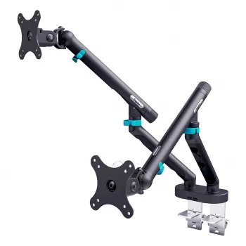 Suporte de monitor DIGITUS Dual-Design para 2 × ecrãs de 35 polegadas, grampo, 2 × 10 kg, VESA 75×75–100×100, inclinação -45–90°