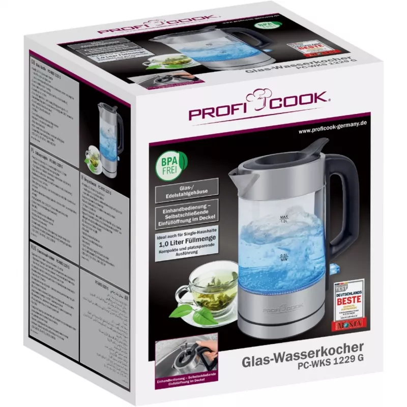 ProfiCook PC-WKS 1229 G chaleira 1 L 1600 W aço inoxidável, transparente