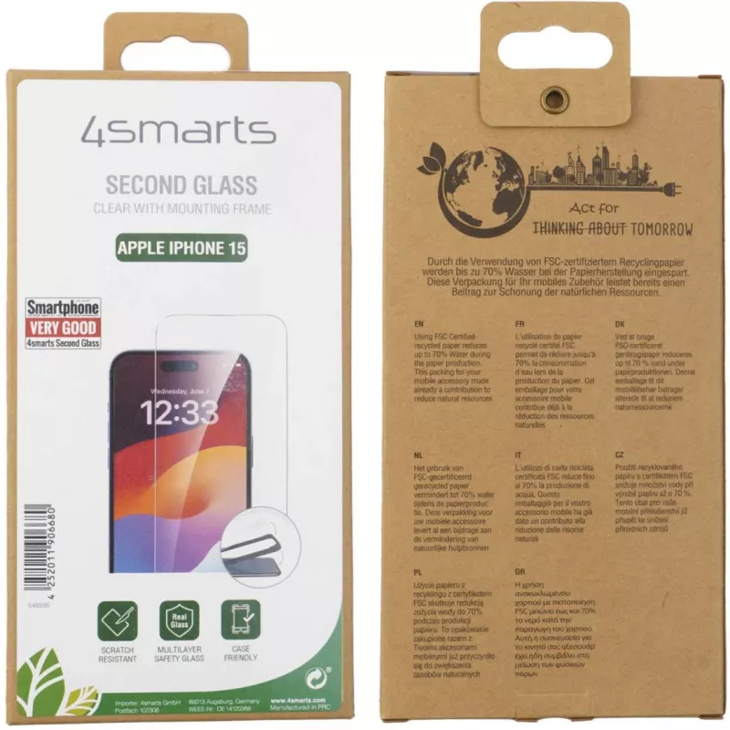 Proteção de ecrã 4smarts 540595 para Apple iPhone 15 vidro temperado à prova de choque
