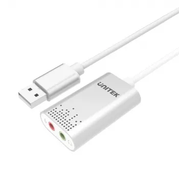 Conversor de áudio Unitek Y-247A, prateado, conector USB Type-A, compacto 12×28×46 mm