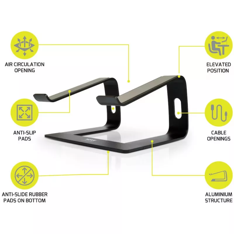 Suporte para portátil Port Designs 901103 — alumínio e preto, para portáteis até 15,6 polegadas, largura 260 mm, profundidade 145 mm, altura 225 mm
