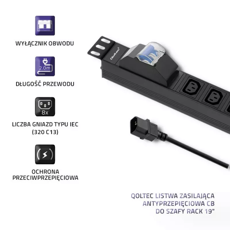 Qoltec 53999 Régua de tomadas PDU para rack de 19 polegadas, 1U, 8x IEC C13, 10 A, com disjuntor, 2 m