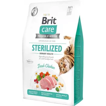 Alimento seco para gatos Brit sem cereais Sterilized Urinary 2 kg – para gatos adultos esterilizados, frango, 32 % de proteína, apoio às vias urinárias