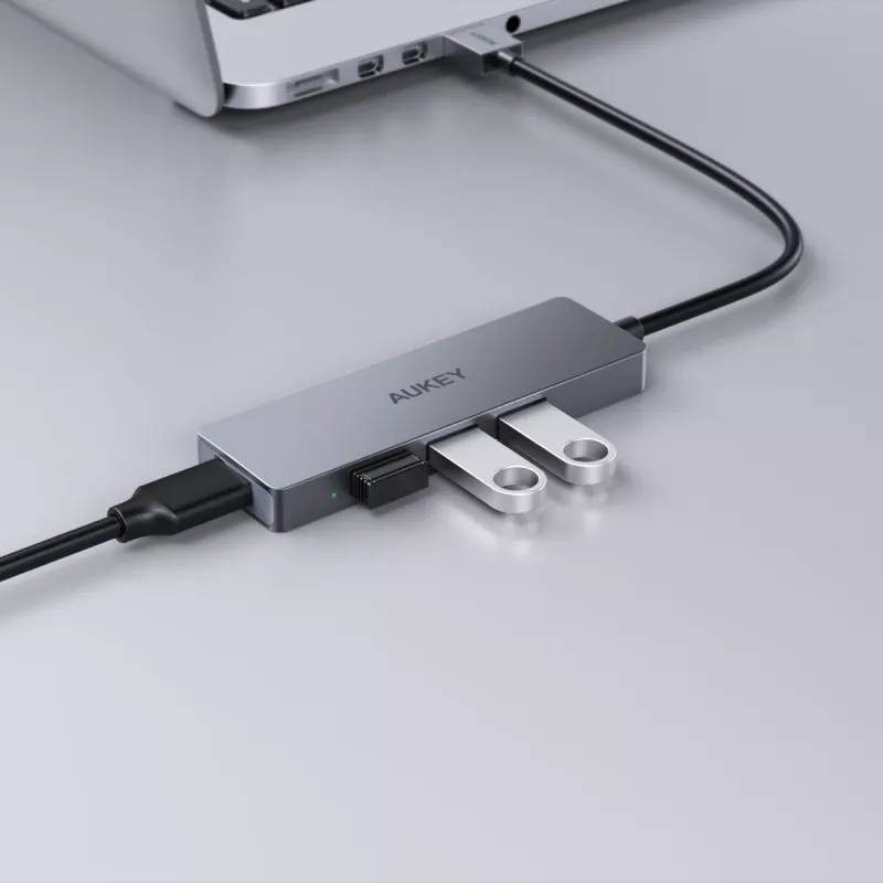 Hub USB Aukey CB-H36 — 4 portas USB 3.2 Gen 1 Type-A, host USB 2.0, 5000 Mbit/s, alumínio prateado