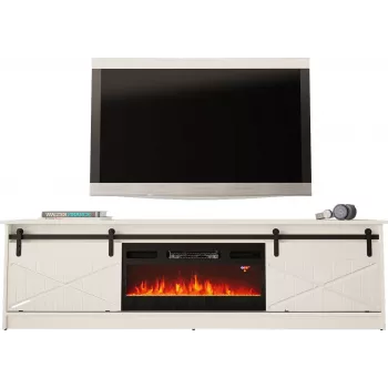 Móvel de TV com lareira elétrica Cama Meble modelo GRANERO RTV GRANERO + KOM B/B, 200 x 56,7 x 35 cm, branco/branco brilhante, 2 portas, 2 prateleiras, MDF/aglomerado