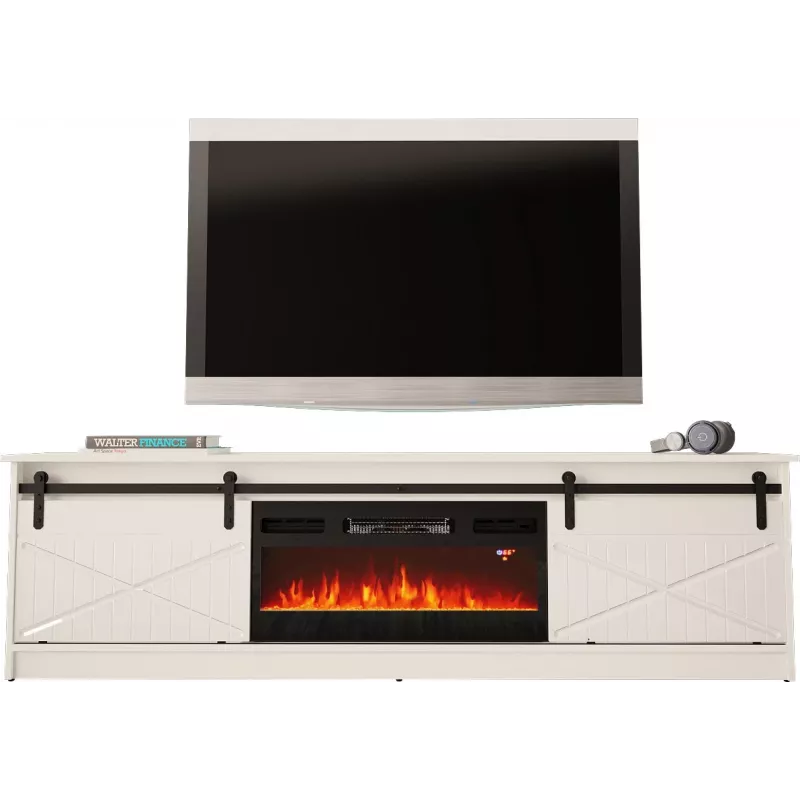 Móvel de TV com lareira elétrica Cama Meble modelo GRANERO RTV GRANERO + KOM B/B, 200 x 56,7 x 35 cm, branco/branco brilhante, 2 portas, 2 prateleiras, MDF/aglomerado