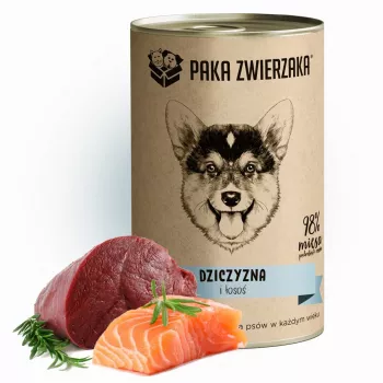 Comida húmida para cães PAKA ZWIERZAKA Caça e Salmão 400 g — lata para cães adultos, caça e salmão, proteína 10,4 %, gordura 6,9 %, humidade 76 %