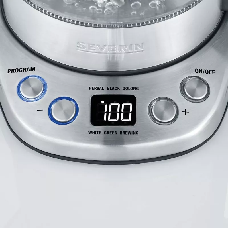 Chaleira elétrica SEVERIN 1 L 2200 W vidro e aço inoxidável, 5 definições de temperatura, indicador LED