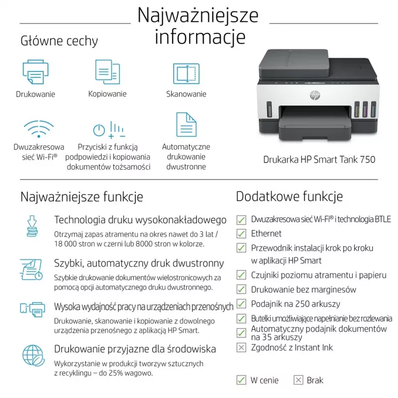 Impressora multifunções HP Smart Tank 750, depósito de tinta, cor, Wi-Fi, Smart App, duplex, ADF, alimentador automático de documentos
