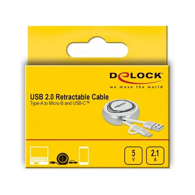 Cabo enrolável DeLOCK USB 2.0 2 em 1 Type-A para Micro-B e USB-C™