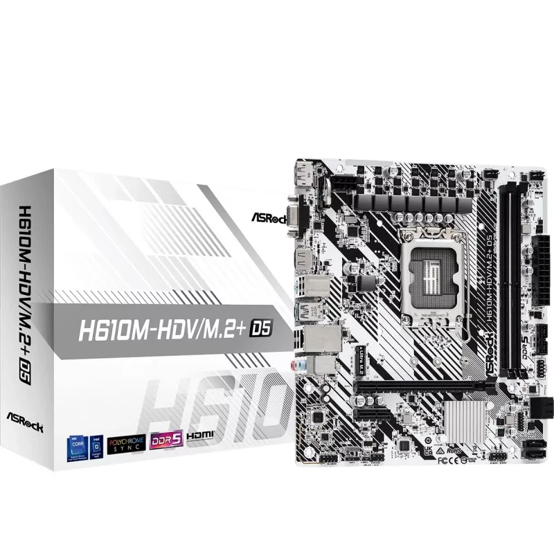 ASRock H610M-HDV/M.2+ D5 placa-mãe, Intel H610, LGA 1700, Micro-ATX, 2x DDR5 DIMM (máx. 96 GB), PCIe 4.0 x16, 1x M.2, 4x SATA III, HDMI, DisplayPort, VGA, USB-C 3.2 Gen 1, Gigabit LAN