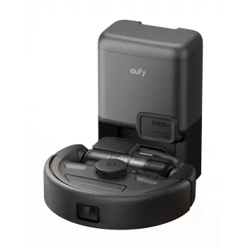 Aspirador robô Eufy E20 preto — redondo, base com saco de pó, 150 minutos de autonomia, 35 cm de diâmetro