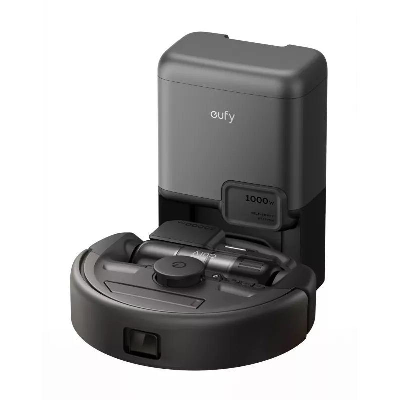 Aspirador robô Eufy E20 preto — redondo, base com saco de pó, 150 minutos de autonomia, 35 cm de diâmetro