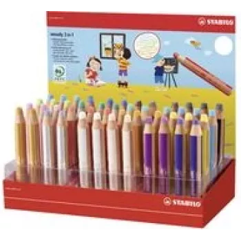 Lápis de cor/marcador Stabilo lápis multiusos woody 7,60 cm (3) — expositor redondo de 48 cores, multifunções: lápis de cor, aguarela, giz de cera