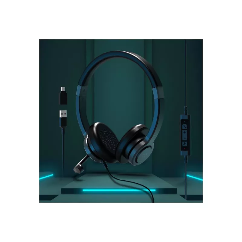 PORT CONNECT | Auscultadores estéreo USB PRO ON'R 300 | com fios | on-ear | cancelamento de ruído | preto