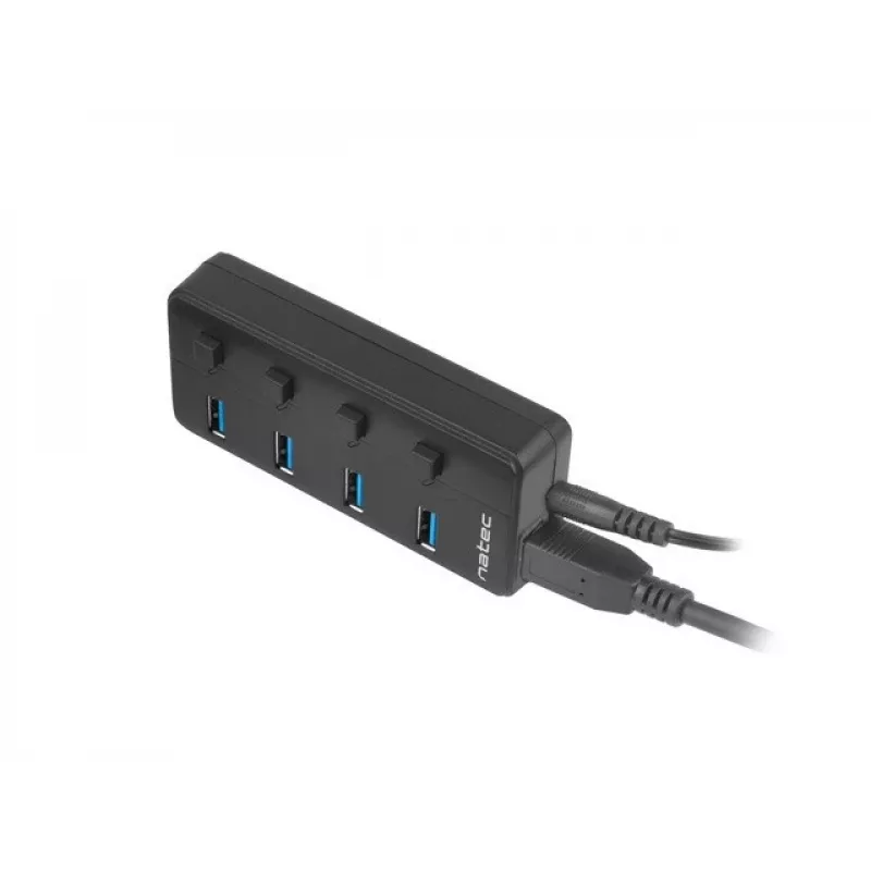 Natec Mantis 2 NHU-1557 hub USB 3.0 de 4 portas, entrada USB Type-B, interruptores ligar/desligar, adaptador de corrente, preto