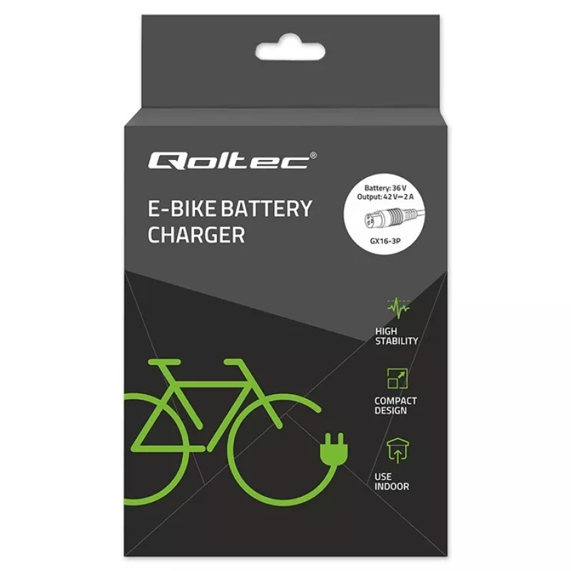 Carregador de bateria QOLTEC para bicicleta elétrica 36V 42V 2A 3P GX16