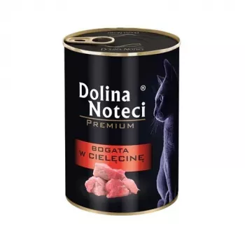 Alimento húmido para gatos Dolina Noteci lata de 400 g — receita de vitela, gatos adultos, 80% humidade