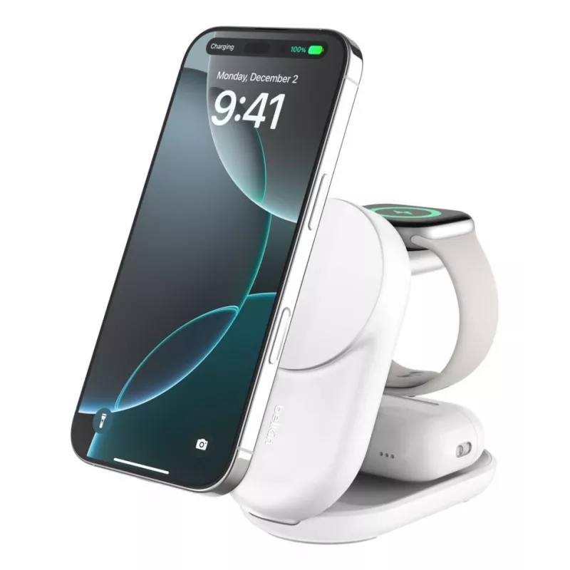 Carregador de interior Belkin UltraCharge 25W Qi2 3em1 carregador magnético UE branco redondo