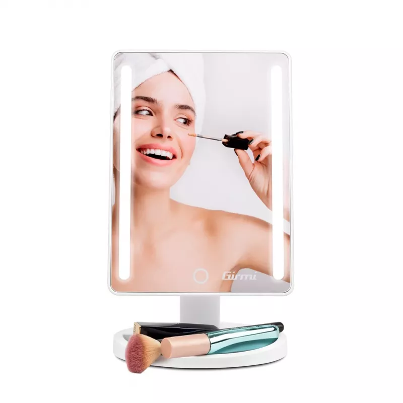 Espelho de maquilhagem de pé Girmi BE04 – retangular com ampliação 1x, LED branco, USB/4×AA, rotação 180°