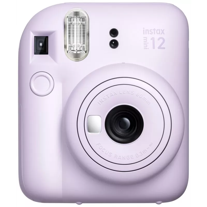 Máquina fotográfica instantânea Fujifilm Instax Mini 12 roxa — imagem 86×54 mm, filme 62×46 mm, distância focal 60 mm
