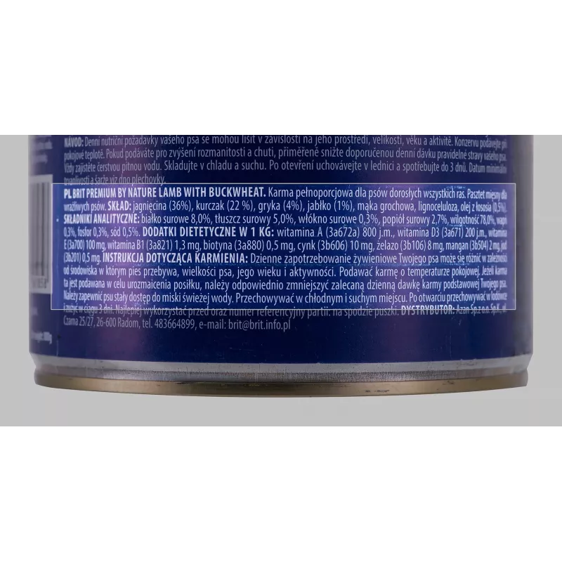 Ração húmida para cães Brit Premium by Nature Cordeiro com trigo-sarraceno 800 g, sem cereais, cães adultos, lata