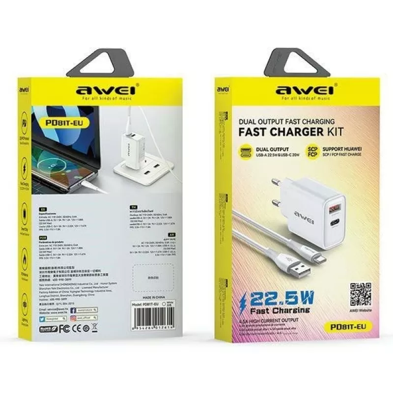 Fonte de alimentação Awei PD81T-EU 22,5W com cabo USB e USB-C, branco, GaN