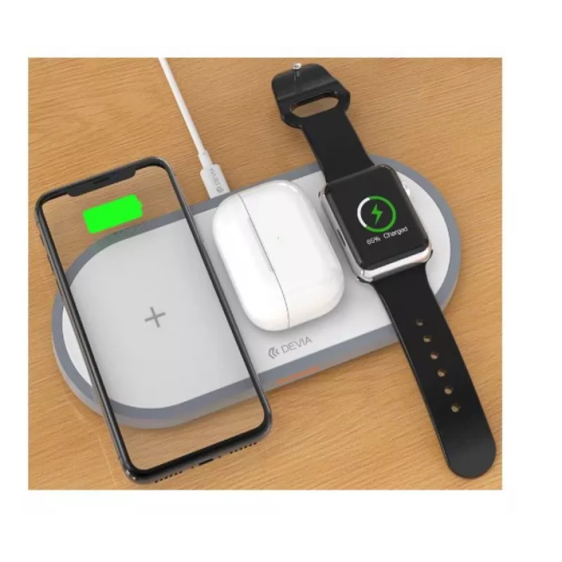 Carregador sem fios 3-em-1 Devia V4 10W — para smartphone, Apple Watch, auscultadores