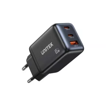 Carregador de parede Unitek GAN 65W com 2x USB-C e 1x USB-A, Power Delivery 3.0